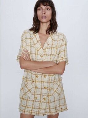 Zara Cream and Gold Tweed Mini Dress